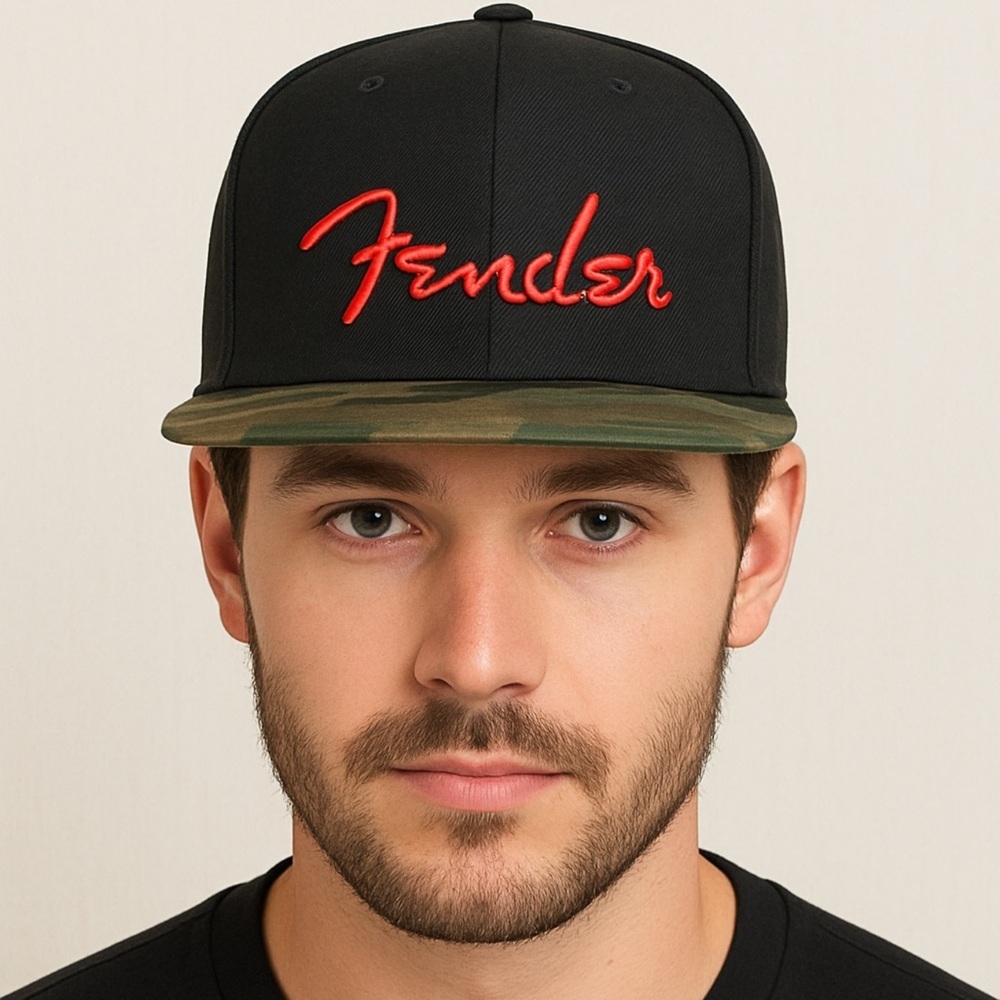 NWT Fender Black Hat Red Logo Camouflage Brim Flatbill SnapBack Hat, One Size